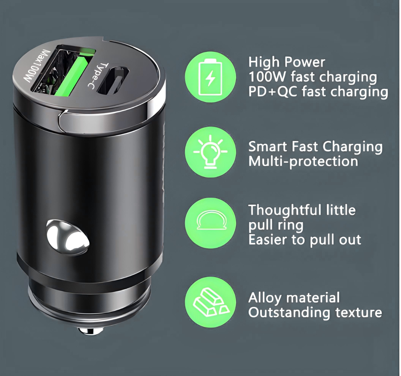 100W PD & QC 3.0 Dual-Port Fast Car Charger | USB-C & USB-A Metal Adapter with Easy Pull Ring | Quick Charge