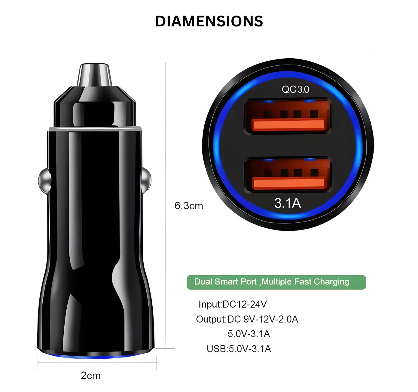 Dual USB Car Charger | 12V Sleek Fit Adapter with 3.1A Fast Charge Turbo Cables