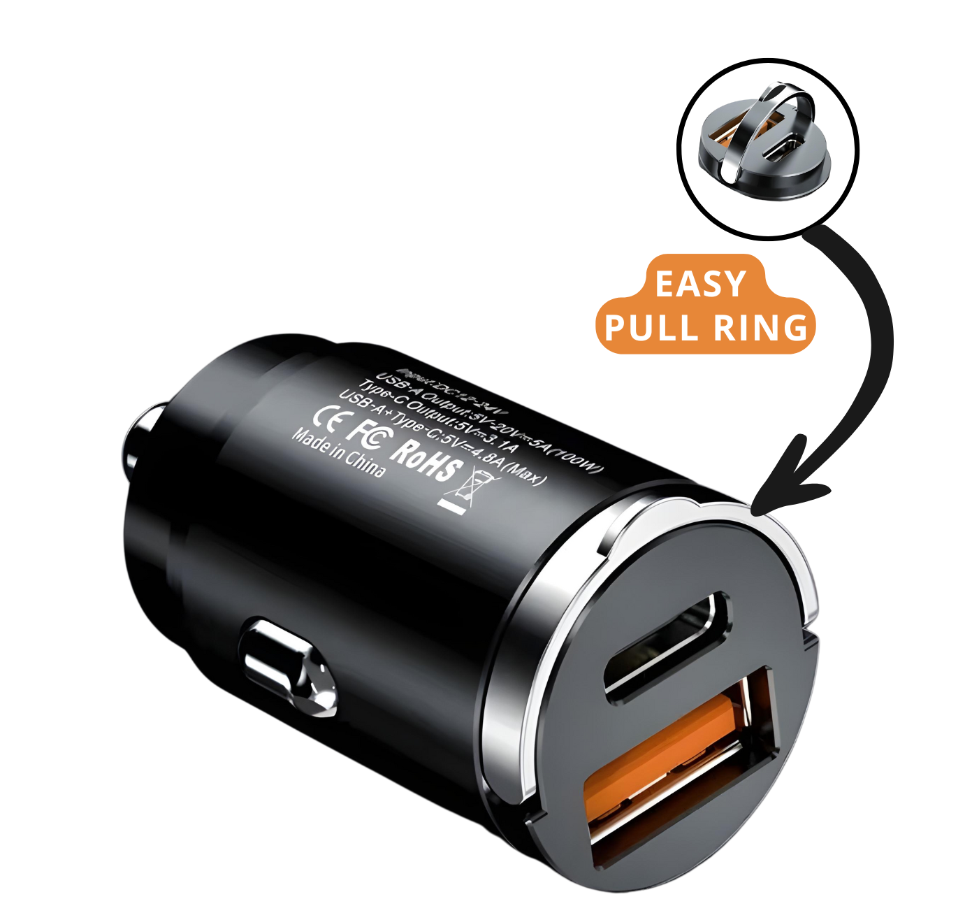 100W PD & QC 3.0 Dual-Port Fast Car Charger | USB-C & USB-A Metal Adapter with Easy Pull Ring | Quick Charge