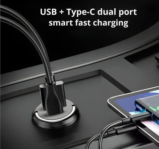 100W PD & QC 3.0 Dual-Port Fast Car Charger | USB-C & USB-A Metal Adapter with Easy Pull Ring | Quick Charge Turbo Cables