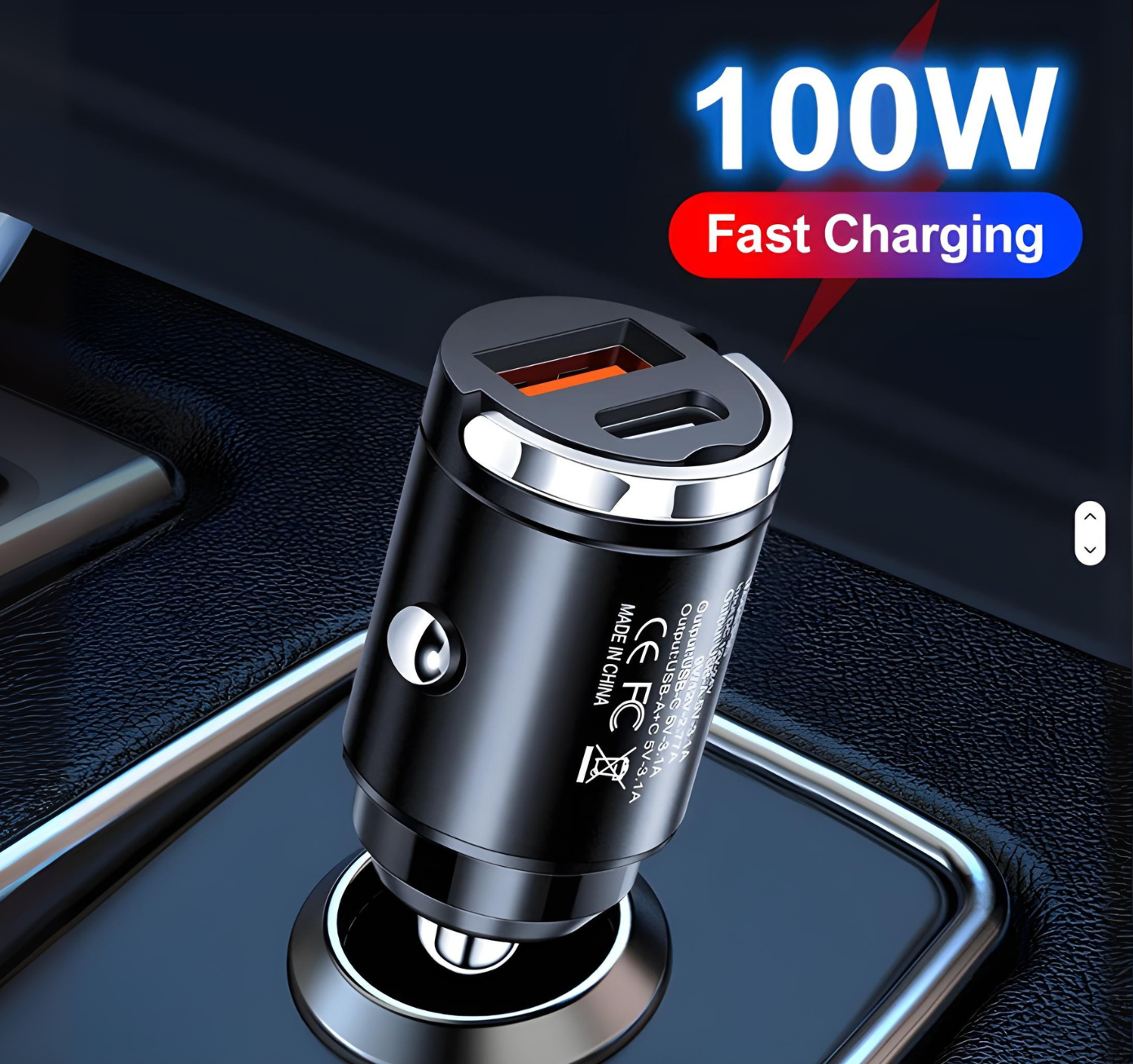 100W PD & QC 3.0 Dual-Port Fast Car Charger | USB-C & USB-A Metal Adapter with Easy Pull Ring | Quick Charge