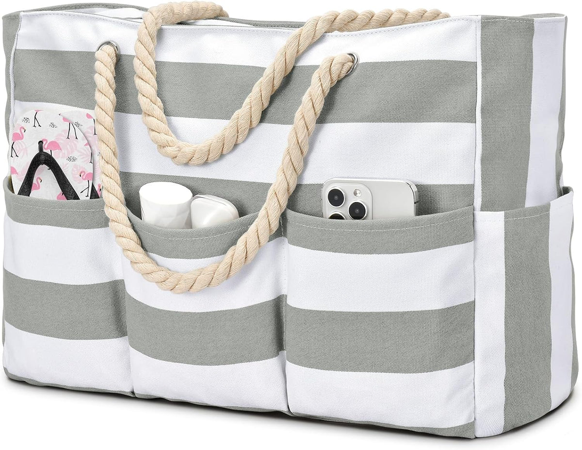 Turbo Cables – Large Canvas Beach Tote Bag with Zipper & Waterproof Design | Versatile 7-Pocket Storage for Sand-Free Fun