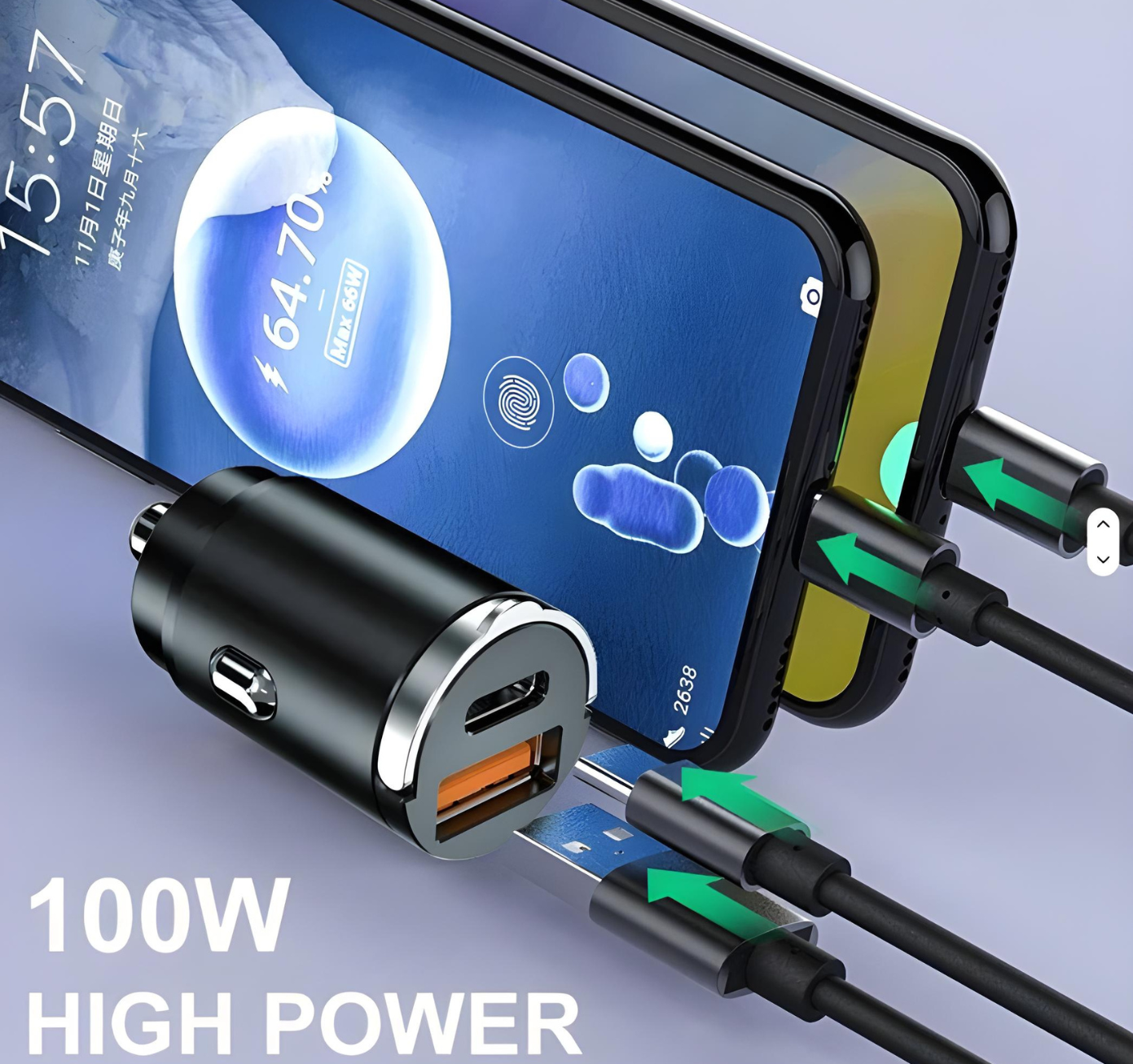 100W PD & QC 3.0 Dual-Port Fast Car Charger | USB-C & USB-A Metal Adapter with Easy Pull Ring | Quick Charge