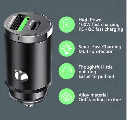 100W PD & QC 3.0 Dual-Port Fast Car Charger | USB-C & USB-A Metal Adapter with Easy Pull Ring | Quick Charge