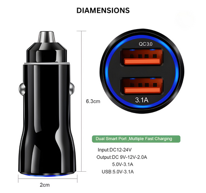 Dual USB Car Charger | 12V Sleek Fit Adapter with 3.1A Fast Charge