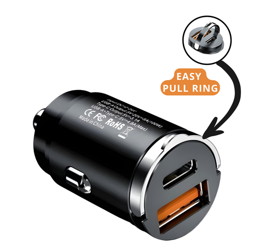 100W PD & QC 3.0 Dual-Port Fast Car Charger | USB-C & USB-A Metal Adapter with Easy Pull Ring | Quick Charge