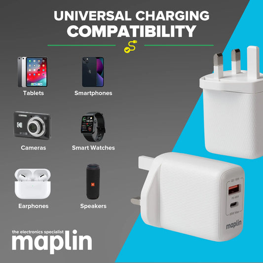 Maplin 65W 2 Port USB Wall Charger 1x USB-A 1x USB-C GaN PD Maplin