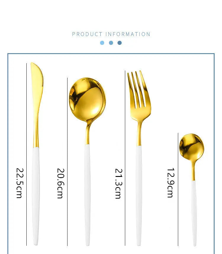 Gold cutlery set with measurements on a white background