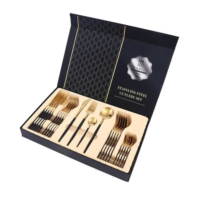 Gold stainless steel cutlery set in a black box with 'Robuck' branding.