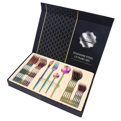 Stainless steel cutlery set in a black gift box with a brand logo.