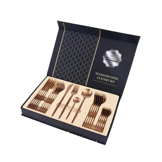 Stainless steel cutlery set in a black box with a brand logo on a white background