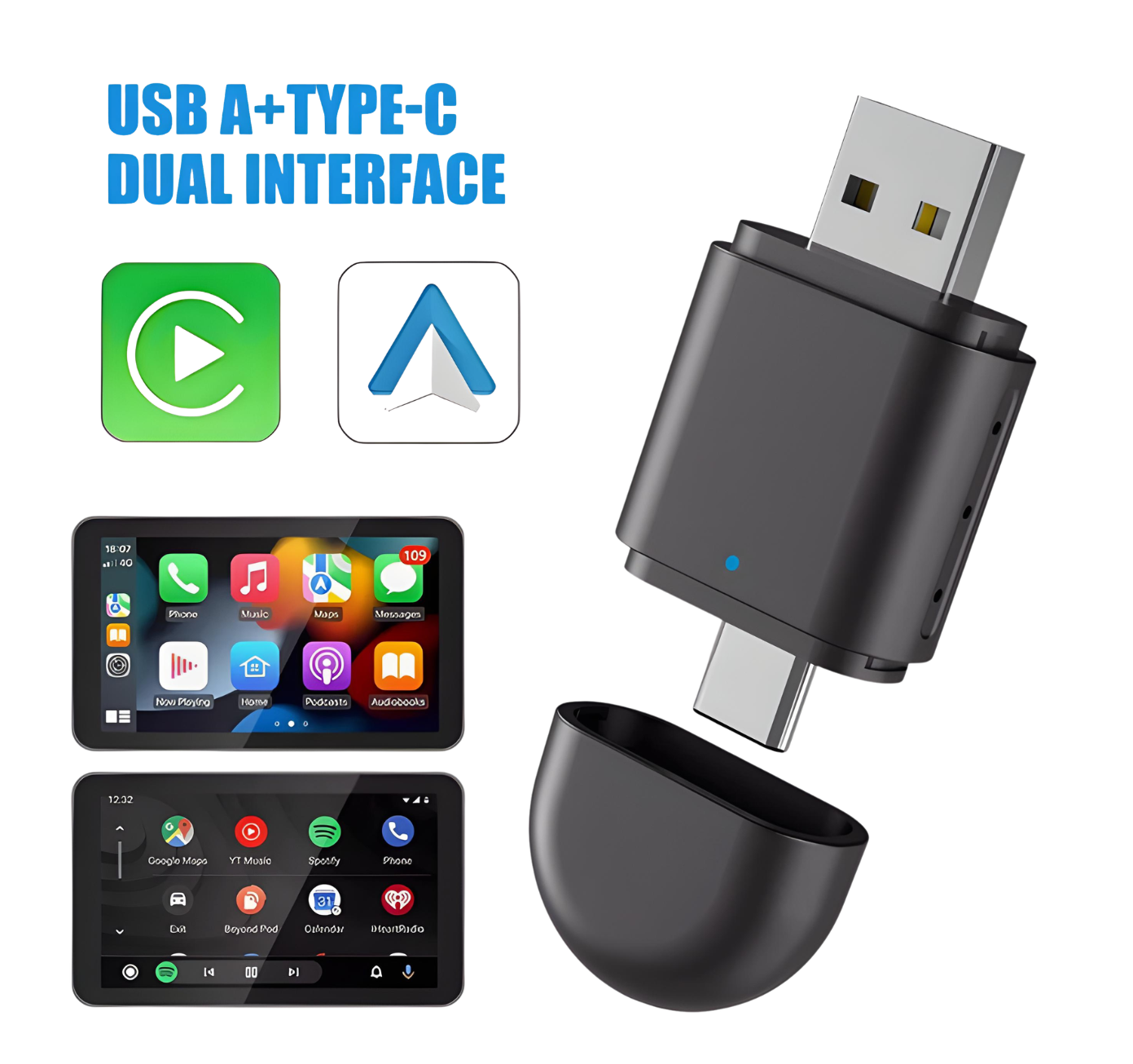 2-in-1 Wireless CarPlay & Android Auto Adapter | Dual USB-A + USB-C Interface | Bluetooth Plug & Play Turbo Cables