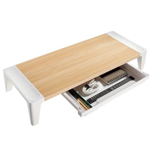 ProperAV Monitor Riser Stand with Height Adjustable with Drawer - Wood Effect Maplin