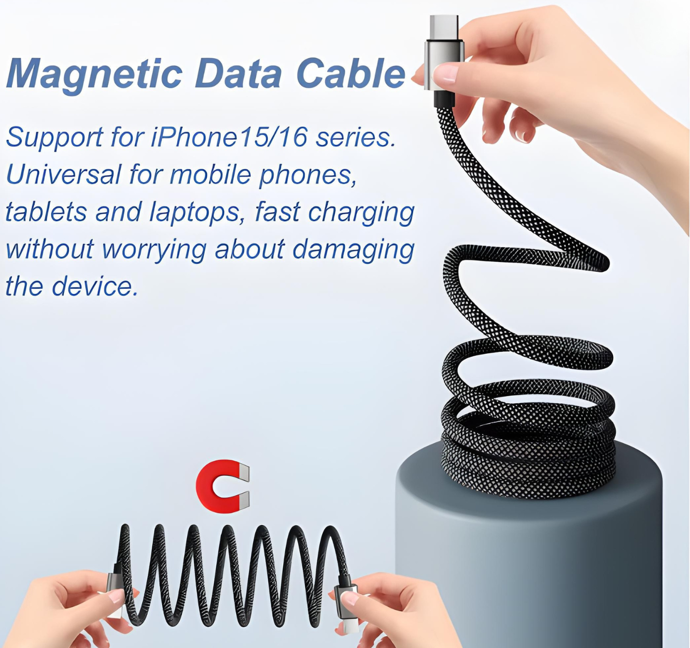 66W Magnetic Coiled USB-C to USB-C Cable (2M) | Fast Charge Braided Sync Cord