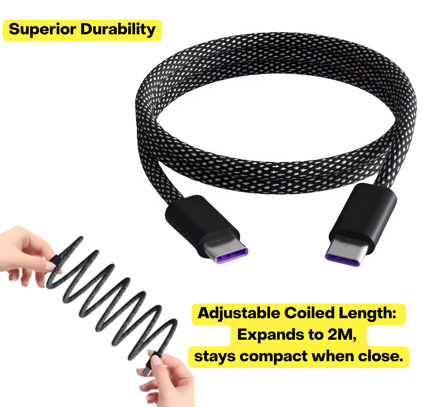 66W Magnetic Coiled USB-C to USB-C Cable (2M) | Fast Charge Braided Sync Cord