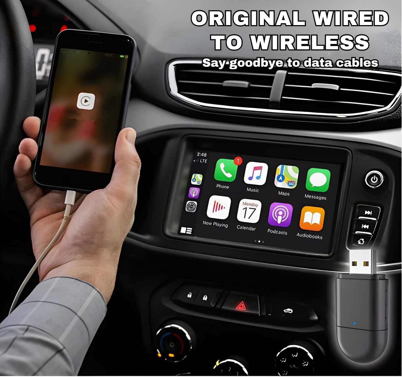 2-in-1 Wireless CarPlay & Android Auto Adapter | Dual USB-A + USB-C Interface | Bluetooth Plug & Play Turbo Cables