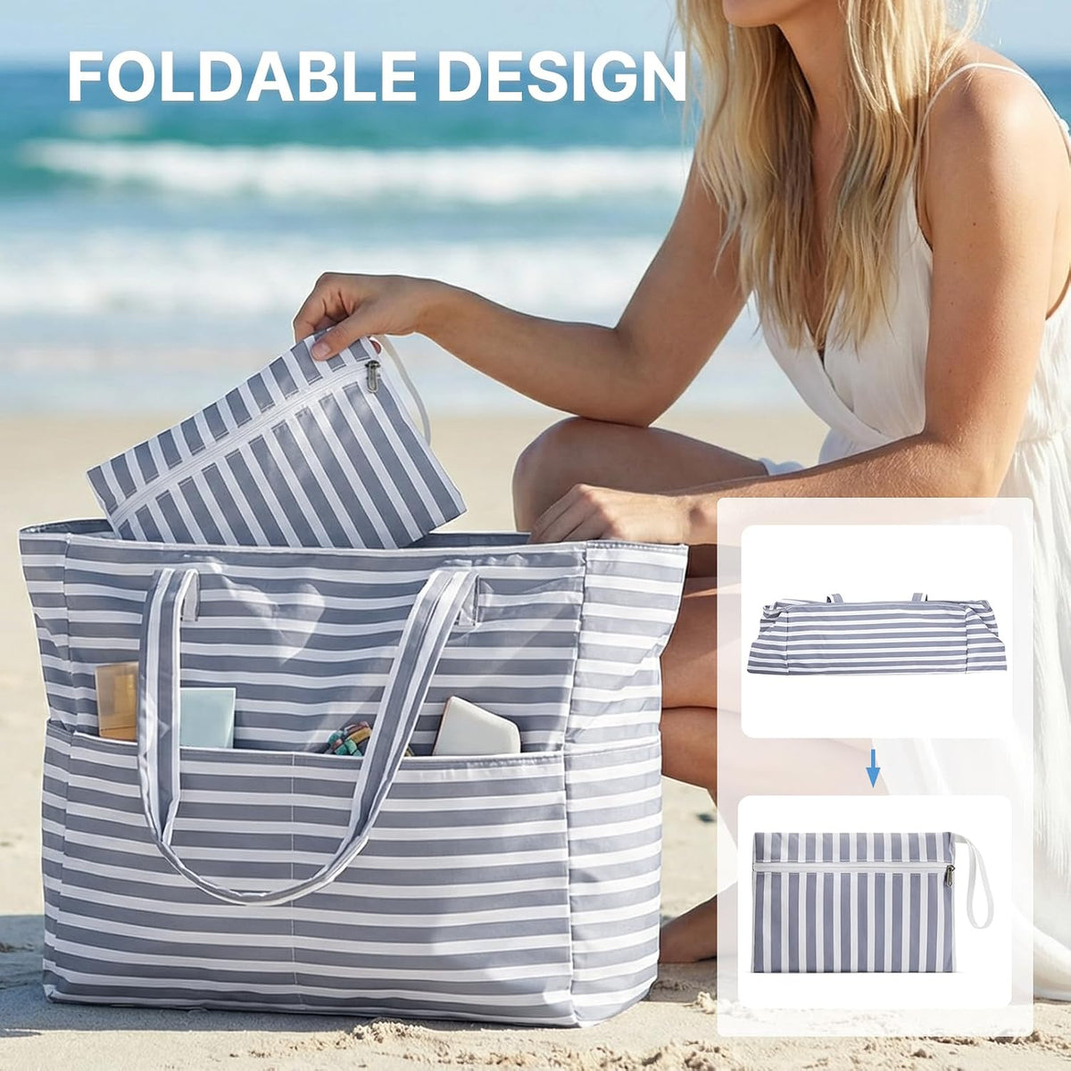 Turbo Cables – Ultimate Beach Tote Bag | Waterproof & Sandproof Large Bag with Zipper | Foldable Design for Easy Travel and Storage