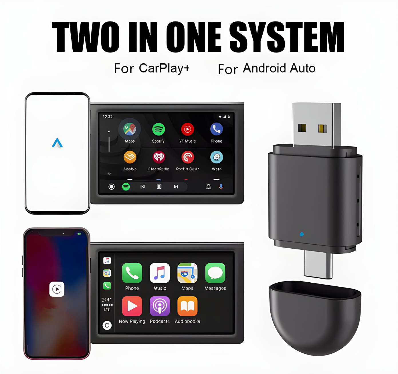 2-in-1 Wireless CarPlay & Android Auto Adapter | Dual USB-A + USB-C Interface | Bluetooth Plug & Play Turbo Cables