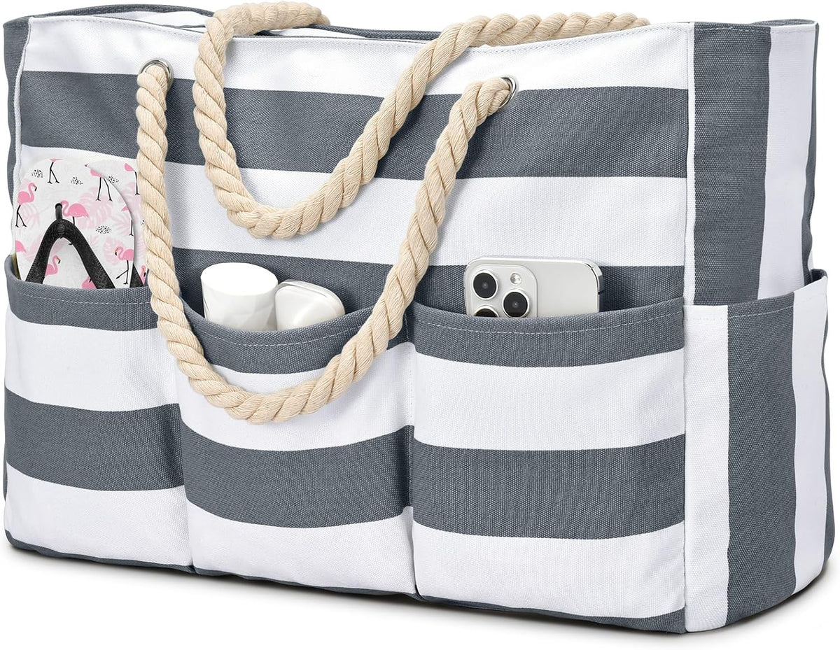 Turbo Cables – Large Canvas Beach Tote Bag with Zipper & Waterproof Design | Versatile 7-Pocket Storage for Sand-Free Fun
