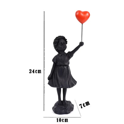 Statue of a girl holding a red heart balloon with measurements on a white background