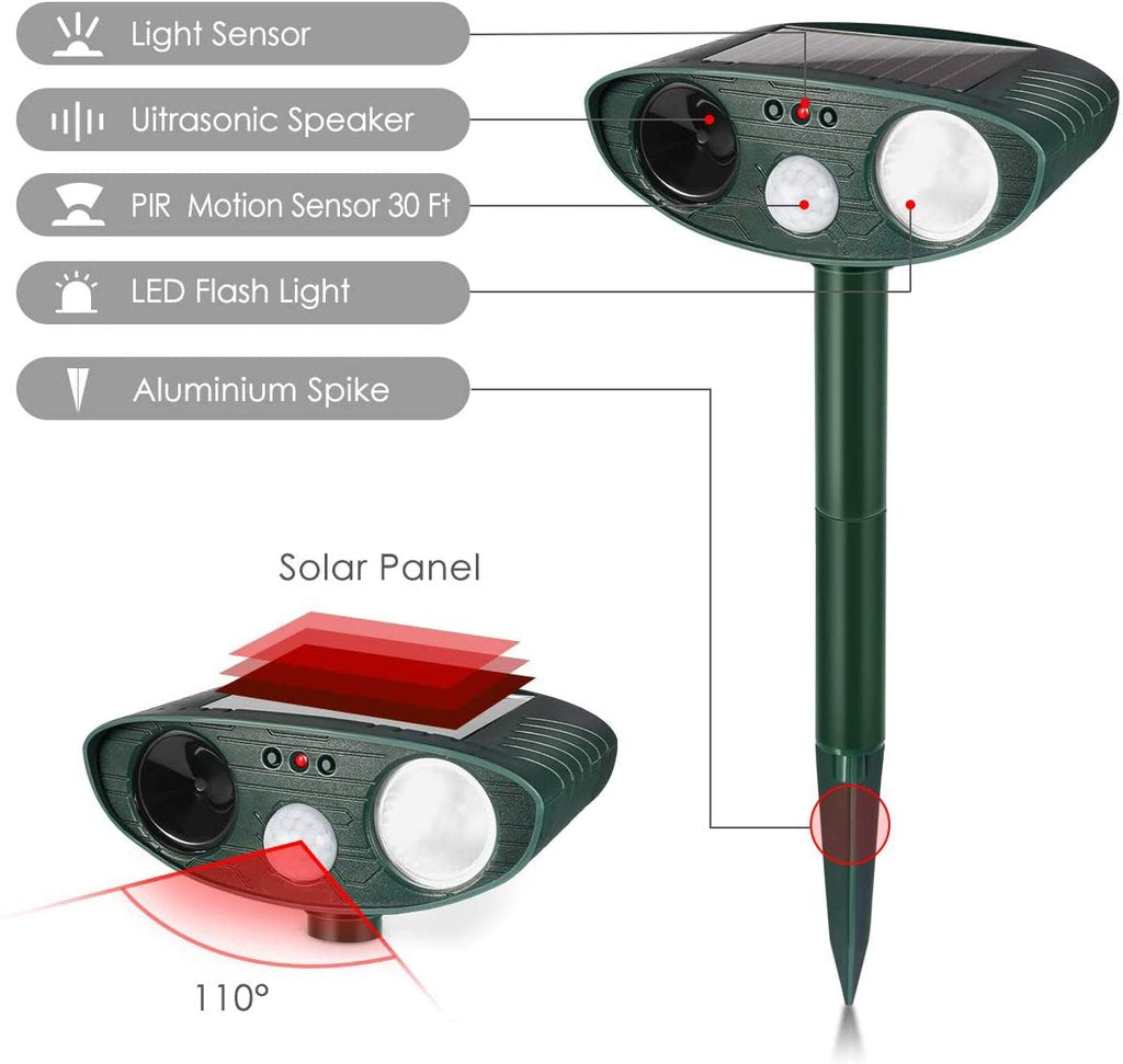 Solar Powered Ultrasonic Rabbit Repeller – Humane Garden Protection with Flashing Light Turbo Cables