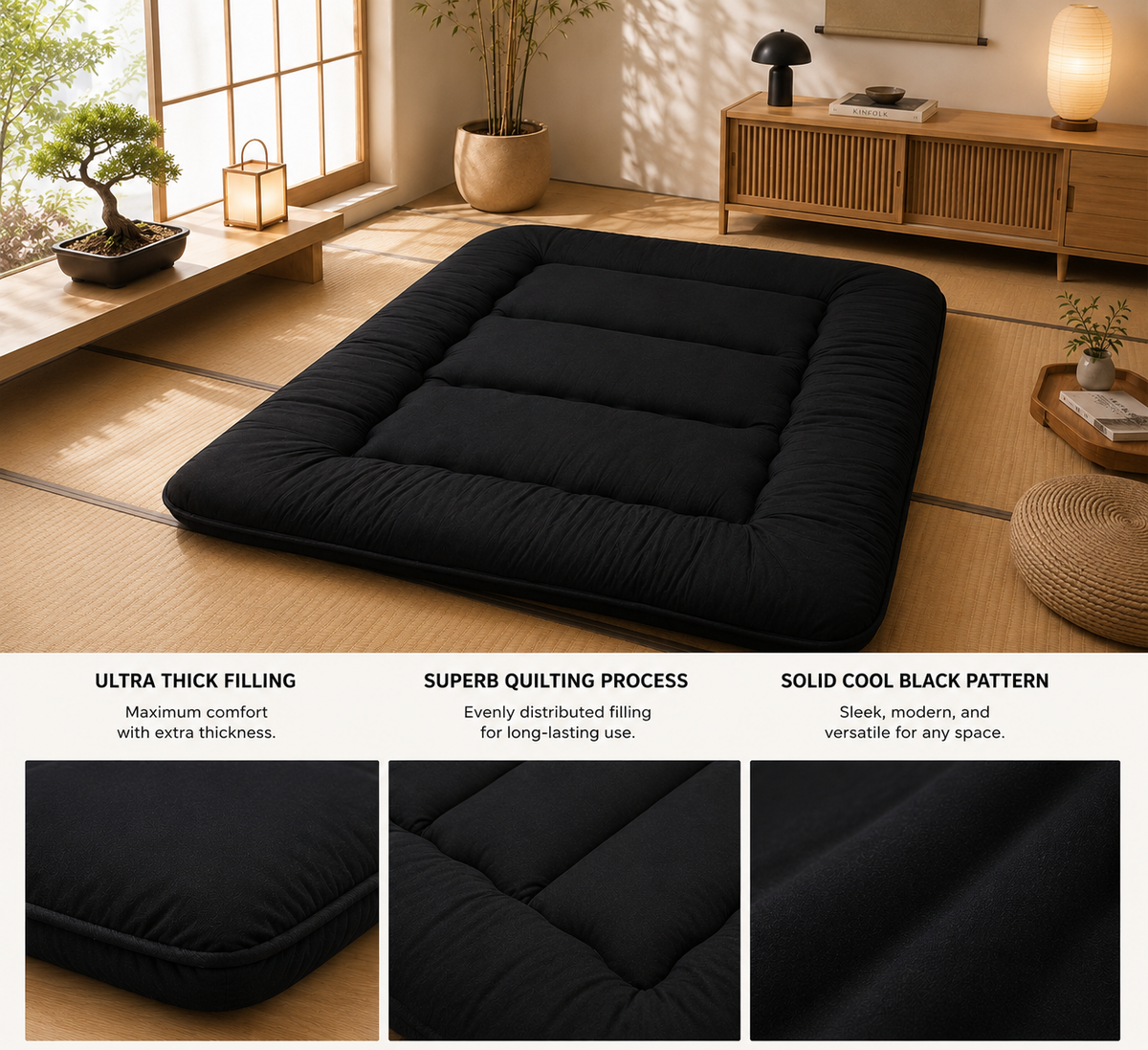 Turbo Cables – Japanese Floor Bed, 4 Inch Thick Futon Mattress, Foldable Tatami Sleeping Pad, Roll Up Floor Bed for Adults & Kids