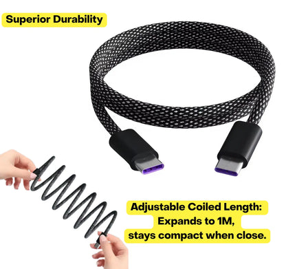 66W Magnetic Coiled USB-C to USB-C Cable (1M) | Fast Charge Braided Sync Cord Turbo Cables