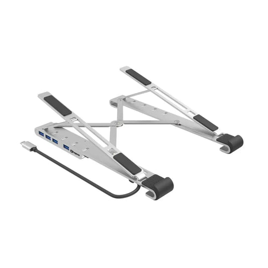 ProperAV Aluminium Portable Laptop or Tablet Stand with Built-in 100W USB-C Hub / 4 x USB-A Ports - Silver Maplin