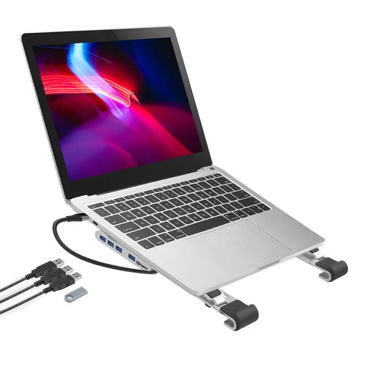 ProperAV Aluminium Portable Laptop or Tablet Stand with Built-in 100W USB-C Hub / 4 x USB-A Ports - Silver Maplin