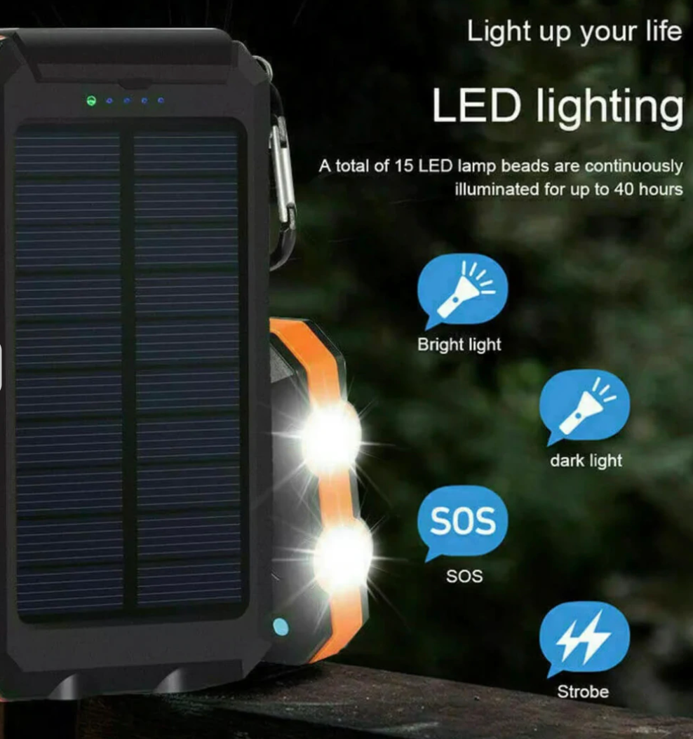 Solar Power Bank – 500000mAh Portable Waterproof Outdoor Charger with Dual USB & LED Light Turbo Cables