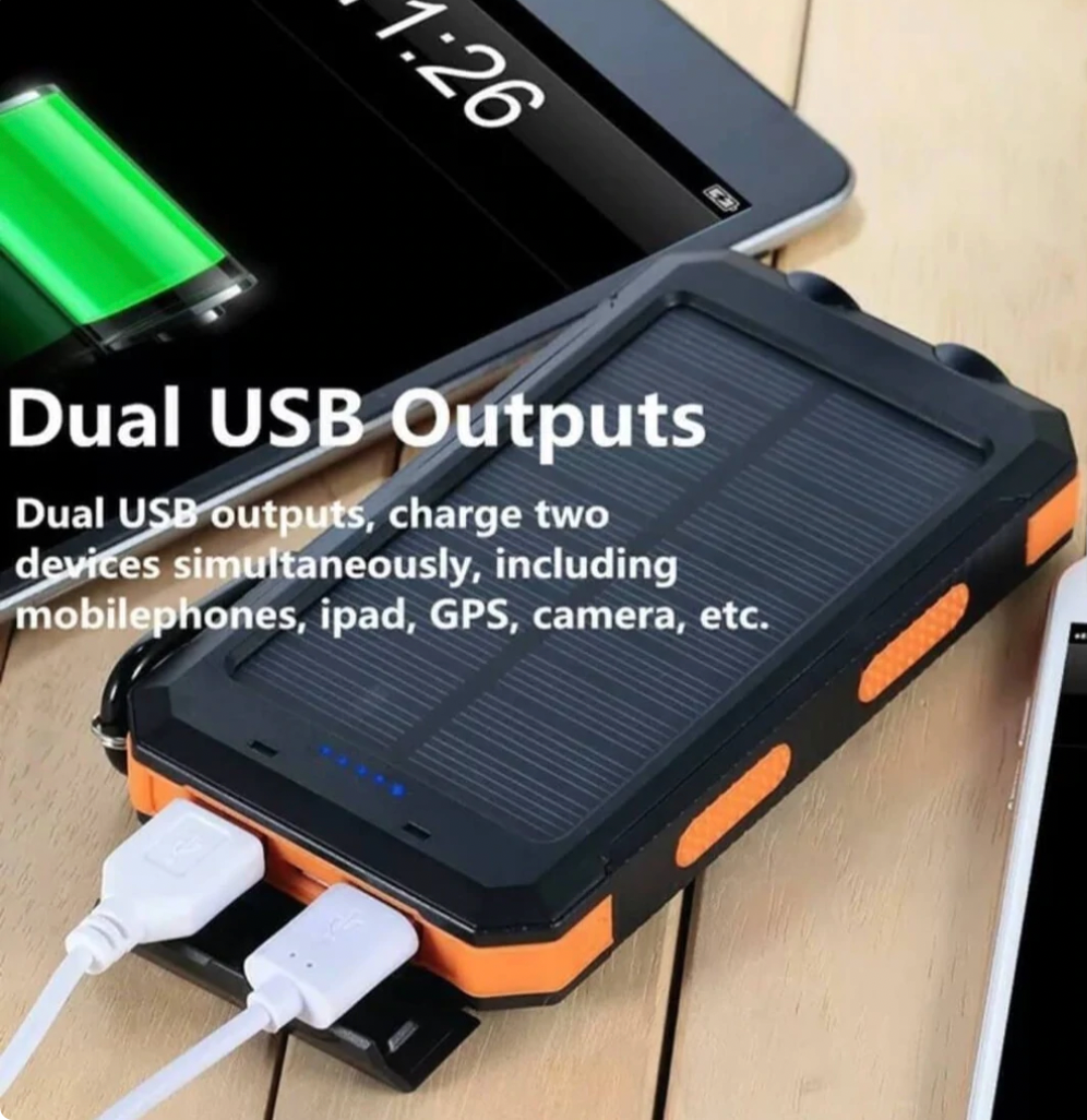 Solar Power Bank – 500000mAh Portable Waterproof Outdoor Charger with Dual USB & LED Light Turbo Cables