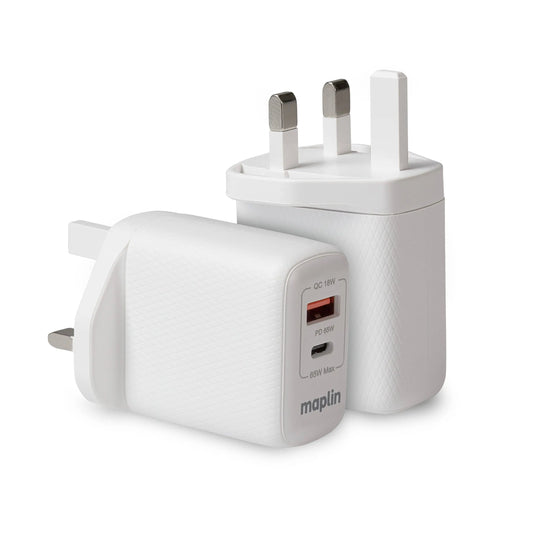 Maplin 65W 2 Port USB Wall Charger 1x USB-A 1x USB-C GaN PD Maplin