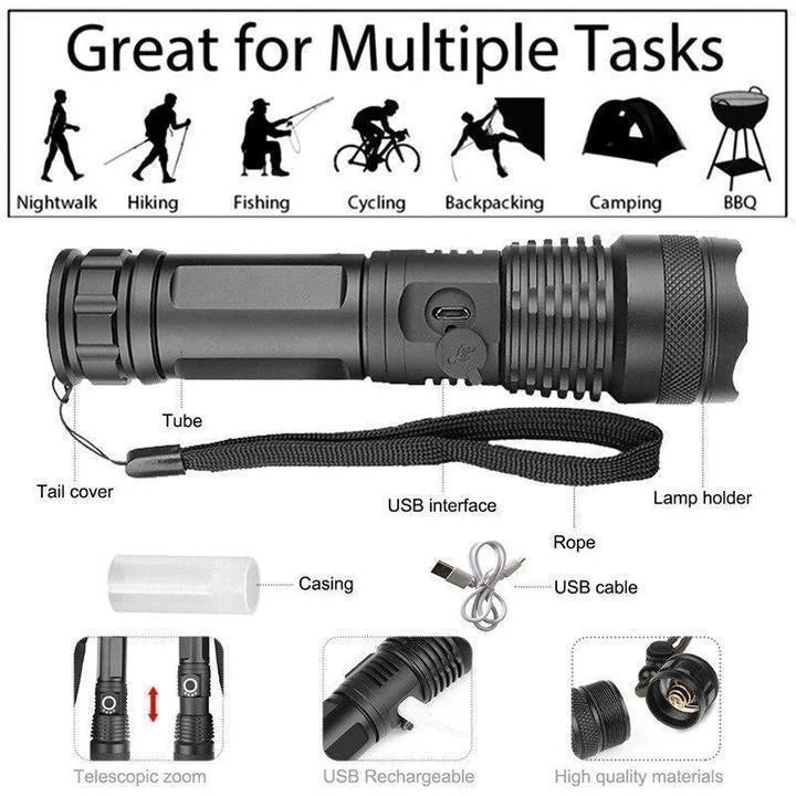 Turbo 90000 Lumens XHP50.2 Tactical LED Flashlight – Ultra Bright & Rechargeable
