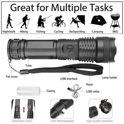 Turbo 90000 Lumens XHP50.2 Tactical LED Flashlight – Ultra Bright & Rechargeable
