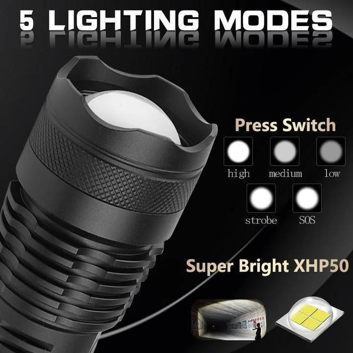 Turbo 90000 Lumens XHP50.2 Tactical LED Flashlight – Ultra Bright & Rechargeable