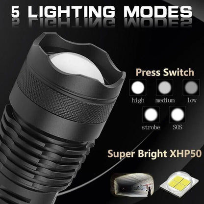 Turbo 90000 Lumens XHP50.2 Tactical LED Flashlight – Ultra Bright & Rechargeable