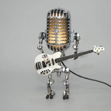 Vintage Robot Lamp with Guitar – Metal Microphone Musician Desk Light Turbo Cables