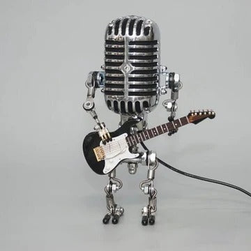 Vintage Robot Lamp with Guitar – Metal Microphone Musician Desk Light Turbo Cables