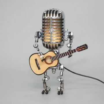 Vintage Robot Lamp with Guitar – Metal Microphone Musician Desk Light Turbo Cables