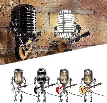 Vintage Robot Lamp with Guitar – Metal Microphone Musician Desk Light Turbo Cables
