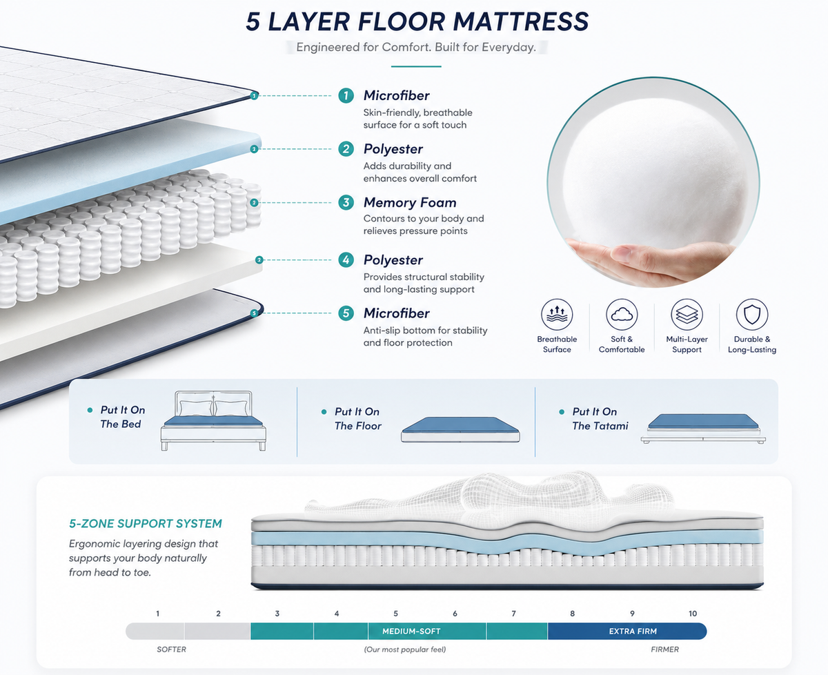 Turbo Cables – Japanese Floor Bed, 4 Inch Thick Futon Mattress, Foldable Tatami Sleeping Pad, Roll Up Floor Bed for Adults & Kids