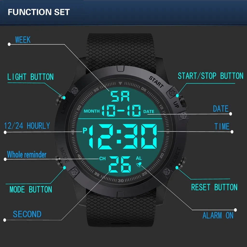 Waterproof Digital Sports Men Watch Turbo Cables